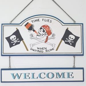 Hanging Pirate Skull Welcome Sign